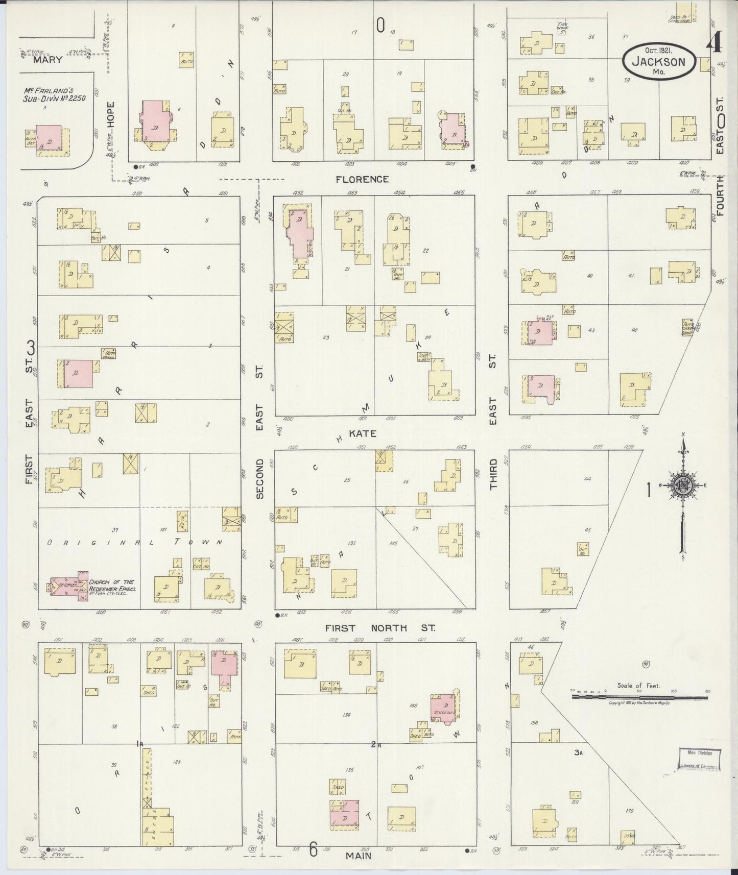 Sanborn Fire Insurance Map from Jackson, Cape Girardeau County, Missouri (1921), Sheet #0004 - Historic Sanborn Fire Insurance Map Print, vintage old map wall art, antique decor, genealogy gift, Missouri Missouri map