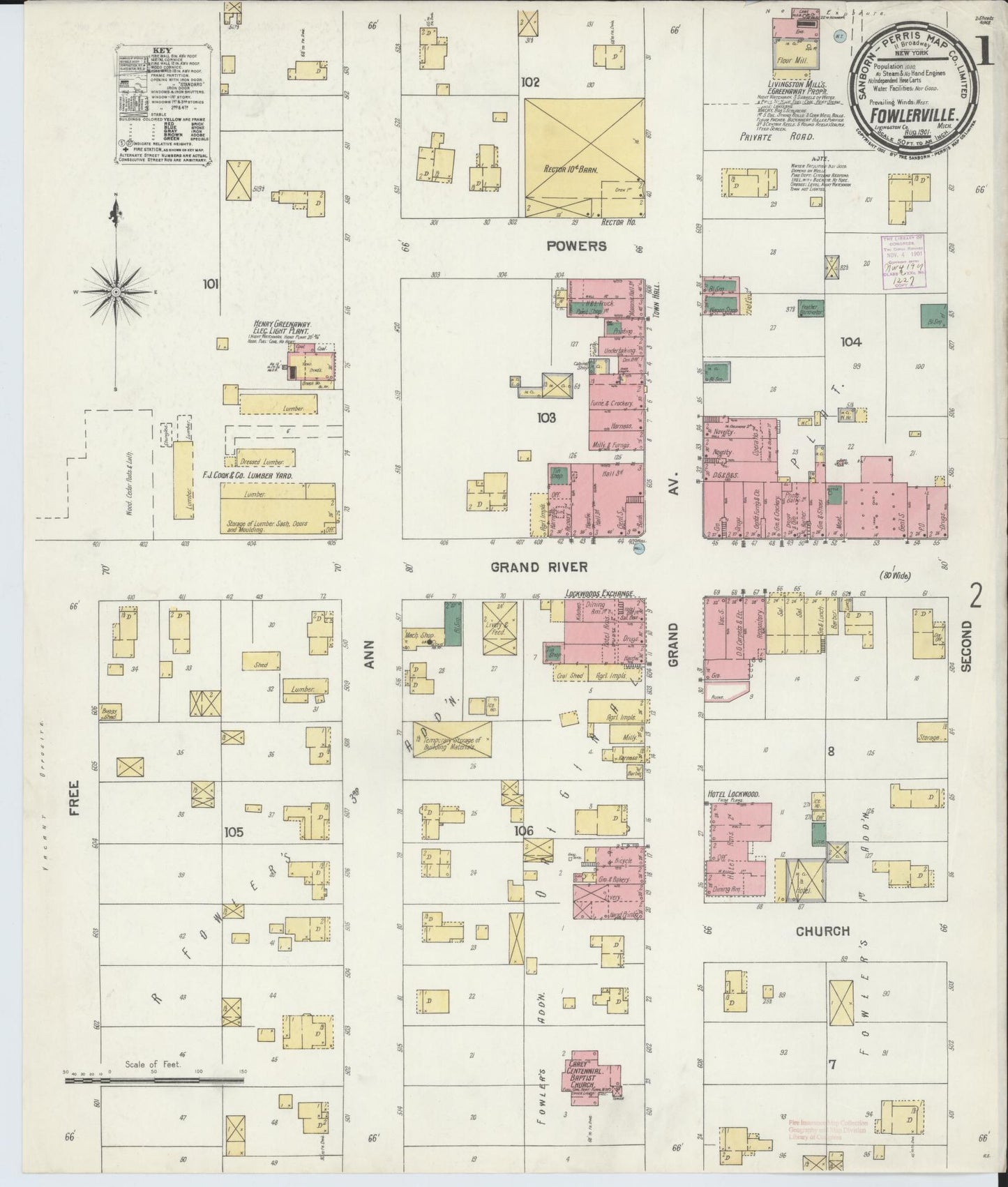 Sanborn Fire Insurance Map from Fowlerville, Livingston County, Michigan (1901), Sheet #0001 - Complete Map Set gallery image, historic Sanborn map, vintage wall art, Michigan Michigan