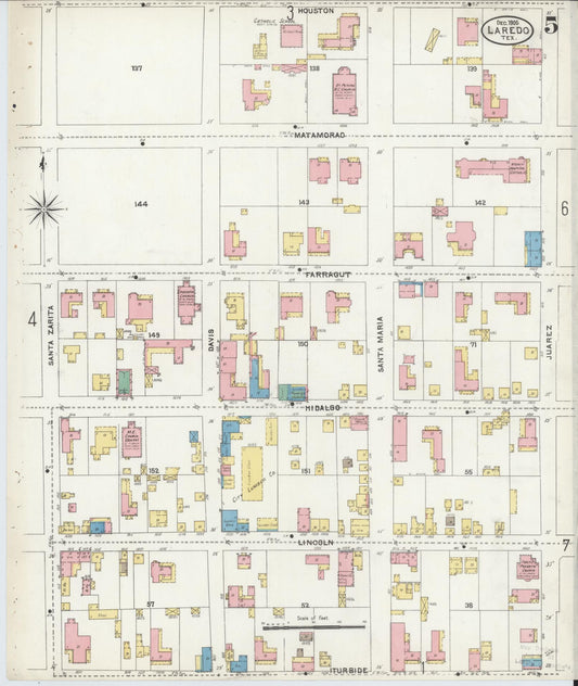 Sanborn Fire Insurance Map from Laredo, Webb County, Texas (1905), Sheet #0005 - Historic Sanborn Fire Insurance Map Print, vintage old map wall art, antique decor, genealogy gift, Texas Texas map