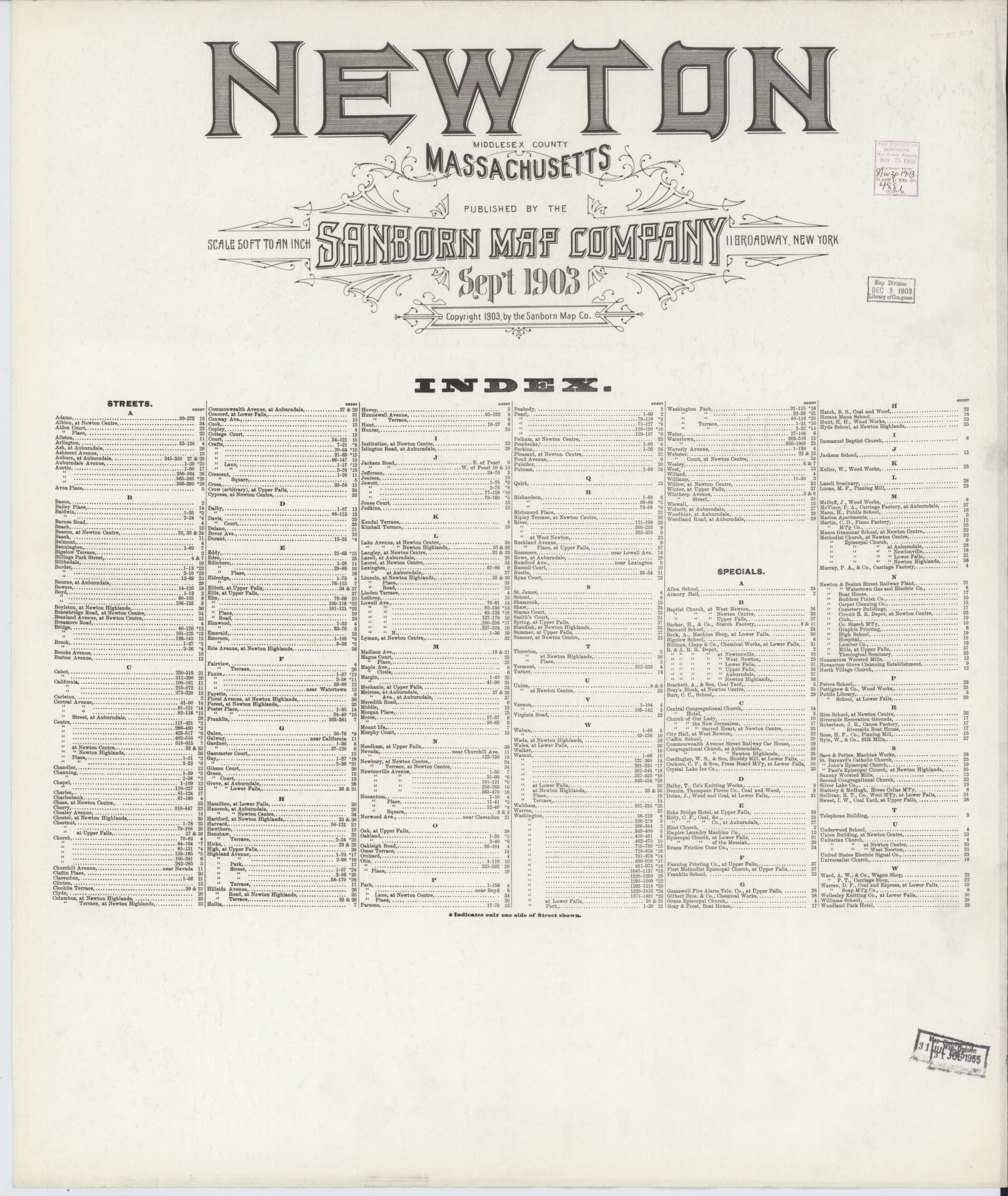 Sanborn Fire Insurance Map from Newton, Middlesex County, Massachusetts (1903), Sheet #0001 - Historic Sanborn Fire Insurance Map Print, vintage old map wall art, antique decor, genealogy gift, Massachusetts Massachusetts map