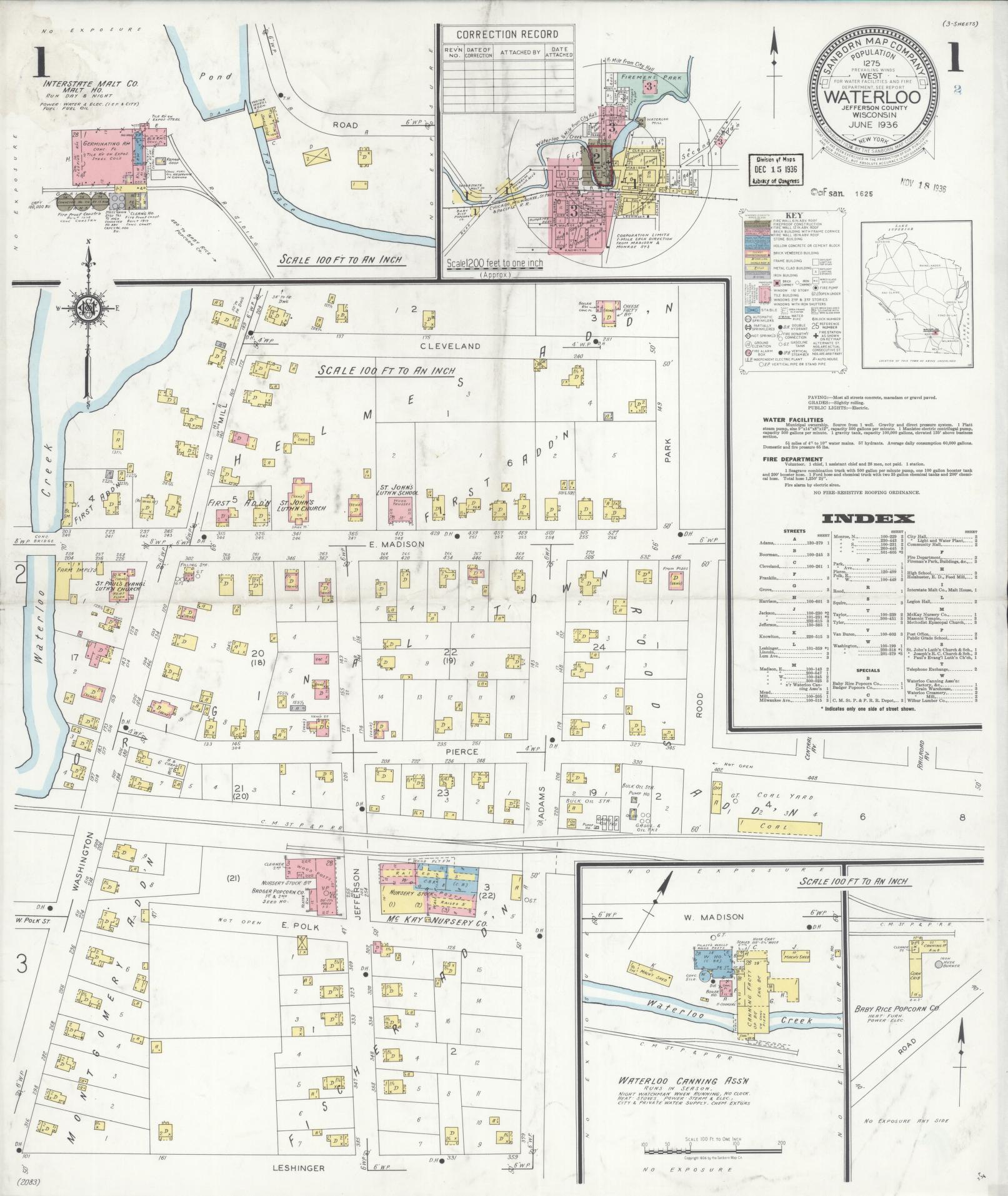 Sanborn Fire Insurance Map from Waterloo, Jefferson County, Wisconsin (1936), Sheet #0001 - Historic Sanborn Fire Insurance Map Print, vintage old map wall art, antique decor, genealogy gift, Wisconsin Wisconsin map