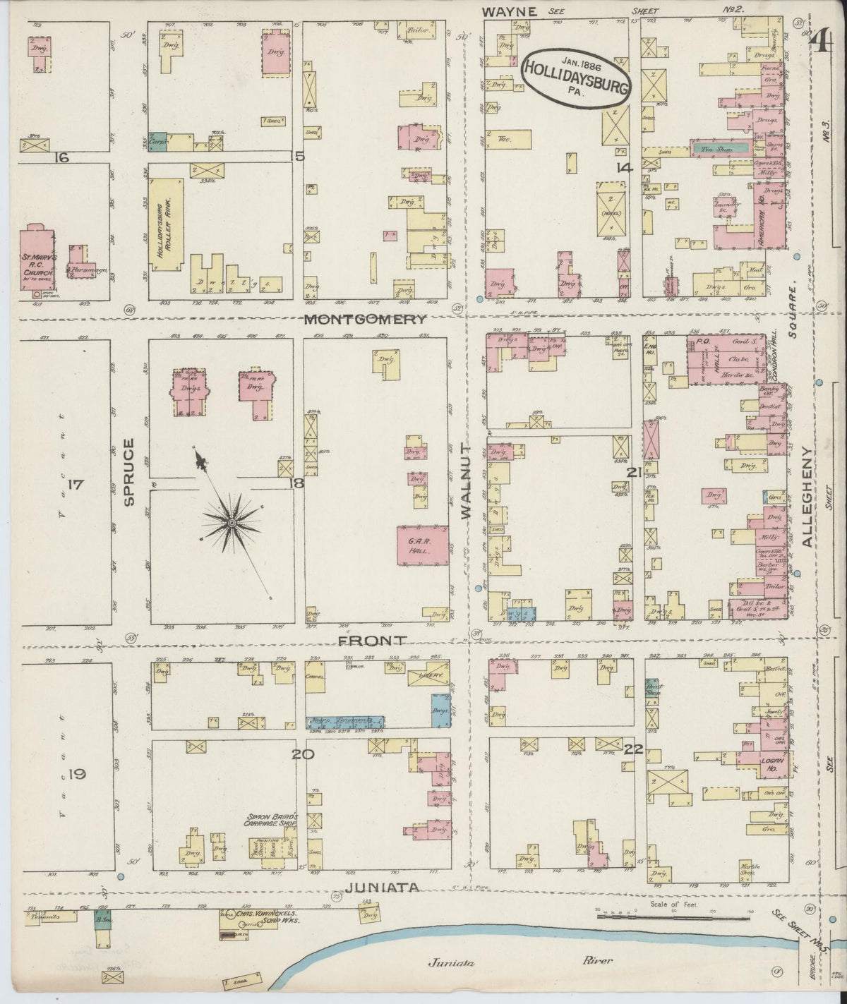 Sanborn Fire Insurance Map from Hollidaysburg, Blair County, Pennsylvania (1886), Sheet #0004 - Complete Map Set gallery image, historic Sanborn map, vintage wall art, Pennsylvania Pennsylvania