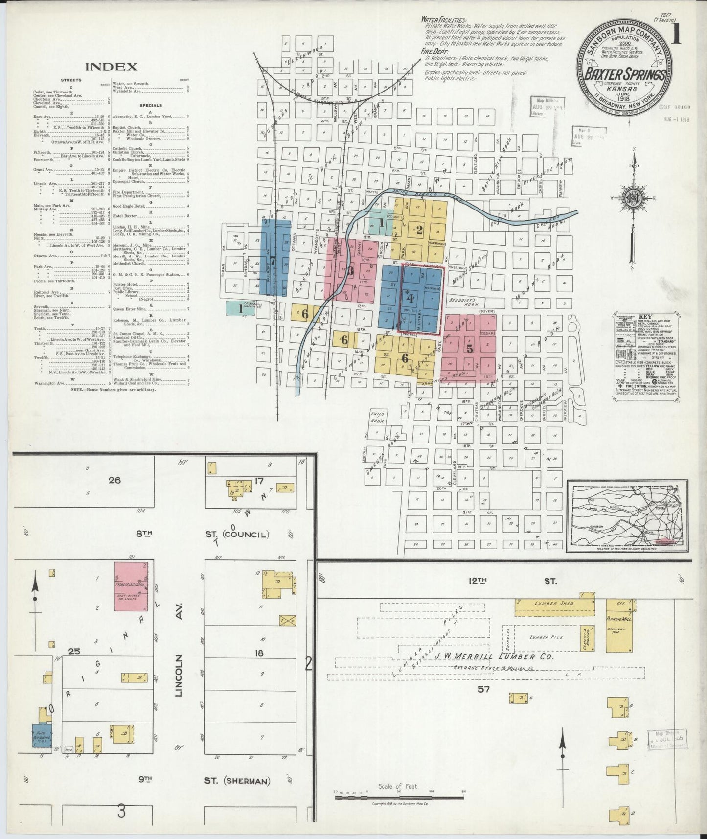 Sanborn Fire Insurance Map from Baxter Springs, Cherokee County, Kansas (1918), Sheet #0001 - Complete Map Set gallery image, historic Sanborn map, vintage wall art, Kansas Kansas