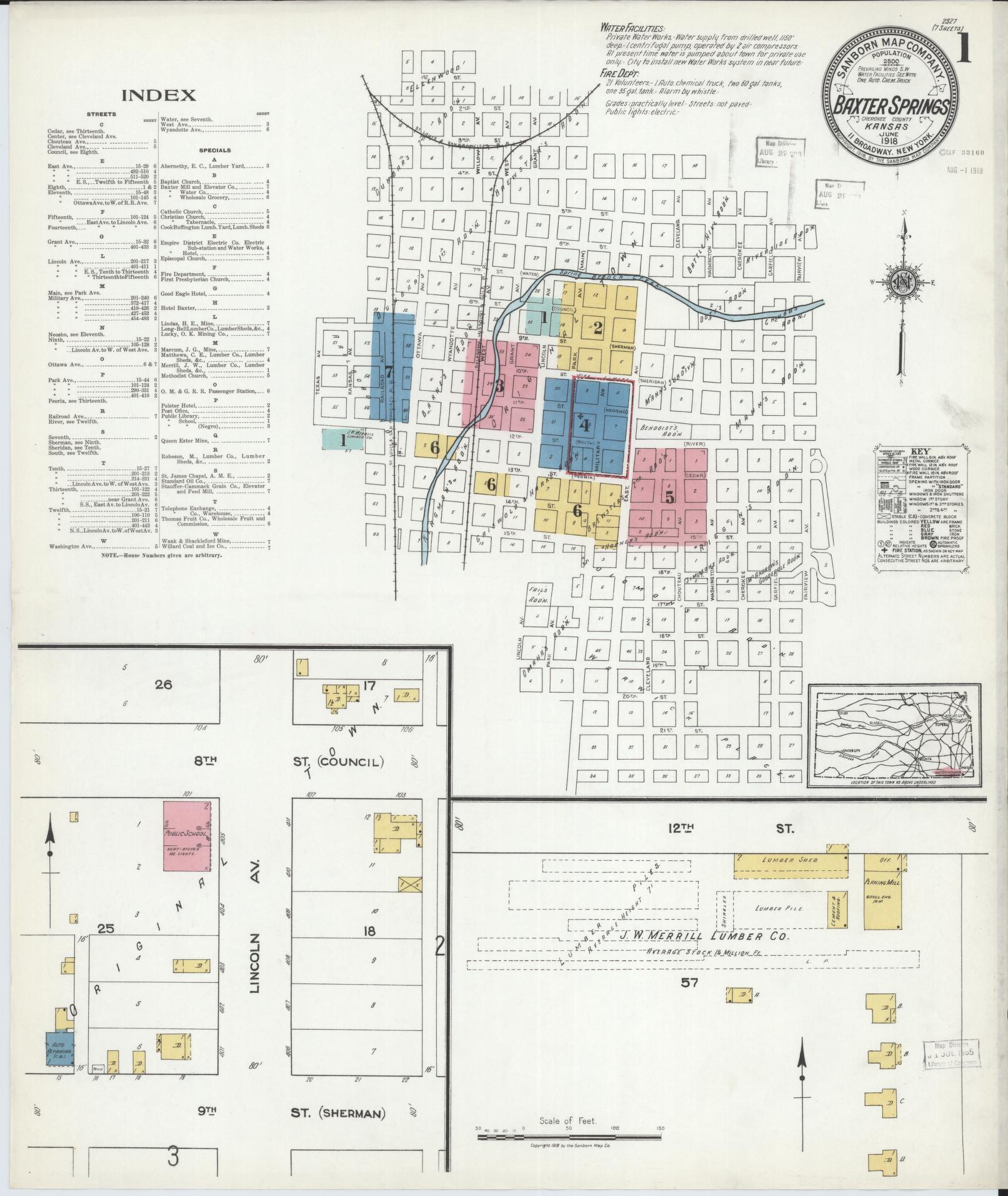 Sanborn Fire Insurance Map from Baxter Springs, Cherokee County, Kansas (1918), Sheet #0001 - Complete Map Set gallery image, historic Sanborn map, vintage wall art, Kansas Kansas