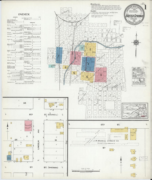 Sanborn Fire Insurance Map from Baxter Springs, Cherokee County, Kansas (1918), Sheet #0001 - Complete Map Set gallery image, historic Sanborn map, vintage wall art, Kansas Kansas