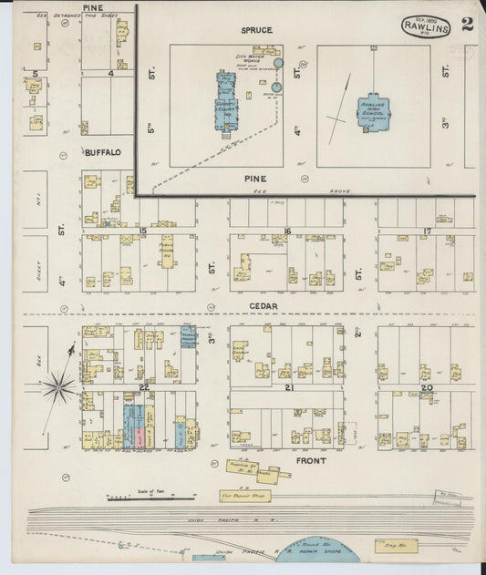 Sanborn Fire Insurance Map from Rawlins, Carbon County, Wyoming (1890), Sheet #0002 - Historic Sanborn Fire Insurance Map Print, vintage old map wall art, antique decor, genealogy gift, Wyoming Wyoming map