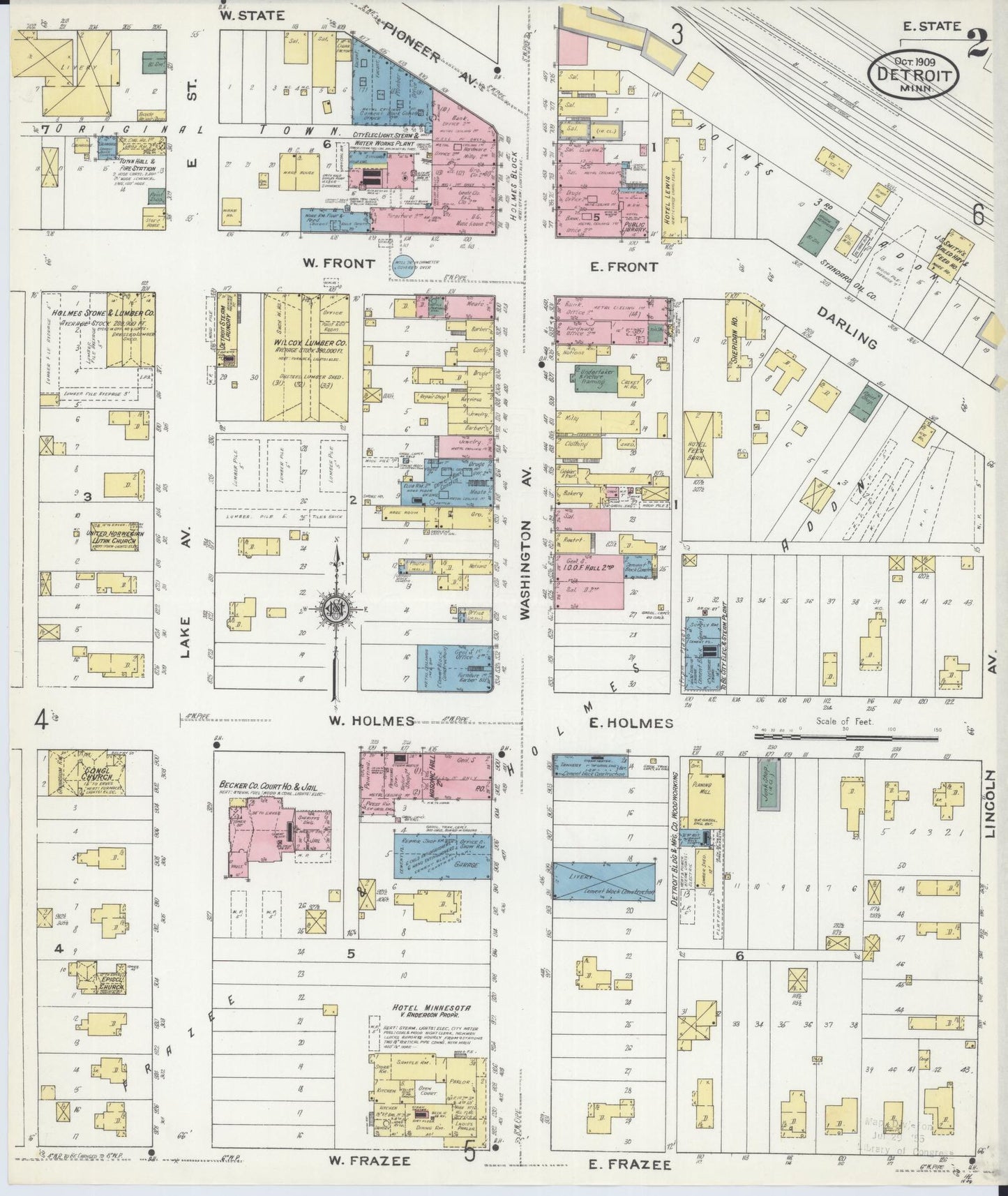 Sanborn Fire Insurance Map from Detroit Lakes, Becker County, Minnesota (1909), Sheet #0002 - Historic Sanborn Fire Insurance Map Print, vintage old map wall art, antique decor, genealogy gift, Minnesota Minnesota map