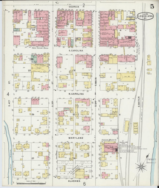 Sanborn Fire Insurance Map from Louisiana, Pike County, Missouri (1896), Sheet #0005 - Historic Sanborn Fire Insurance Map Print, vintage old map wall art, antique decor, genealogy gift, Missouri Missouri map