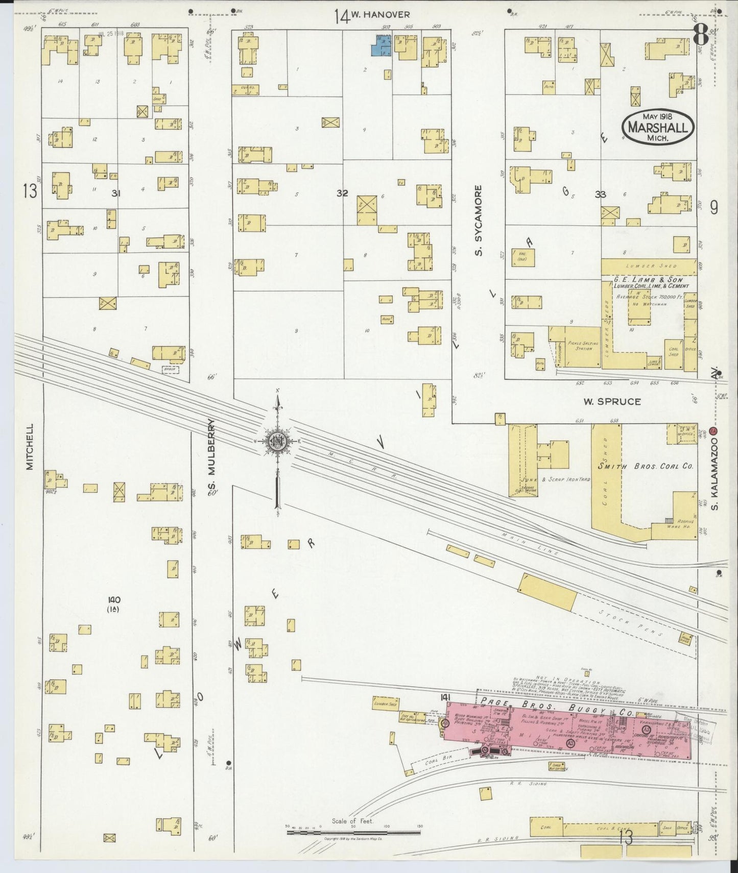 Sanborn Fire Insurance Map from Marshall, Calhoun County, Michigan (1916), Sheet #0008 - Historic Sanborn Fire Insurance Map Print, vintage old map wall art, antique decor, genealogy gift, Michigan Michigan map