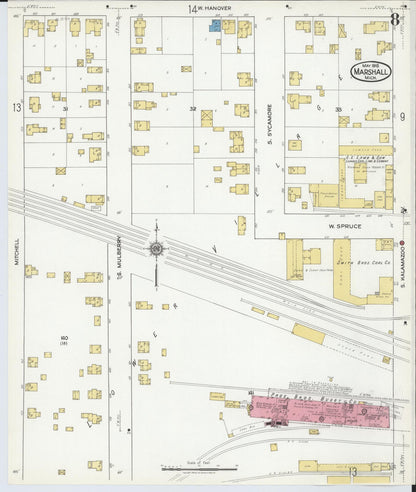 Sanborn Fire Insurance Map from Marshall, Calhoun County, Michigan (1916), Sheet #0008 - Historic Sanborn Fire Insurance Map Print, vintage old map wall art, antique decor, genealogy gift, Michigan Michigan map
