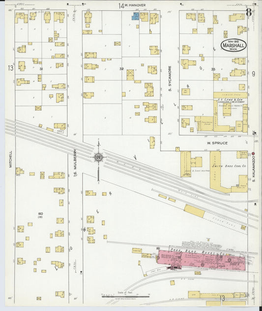 Sanborn Fire Insurance Map from Marshall, Calhoun County, Michigan (1916), Sheet #0008 - Historic Sanborn Fire Insurance Map Print, vintage old map wall art, antique decor, genealogy gift, Michigan Michigan map