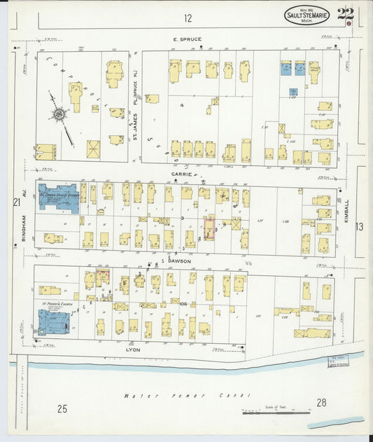 Sanborn Fire Insurance Map from Sault Sainte Marie, Chippewa County, Michigan (1915), Sheet #0022 - Historic Sanborn Fire Insurance Map Print, vintage old map wall art, antique decor, genealogy gift, Michigan Michigan map