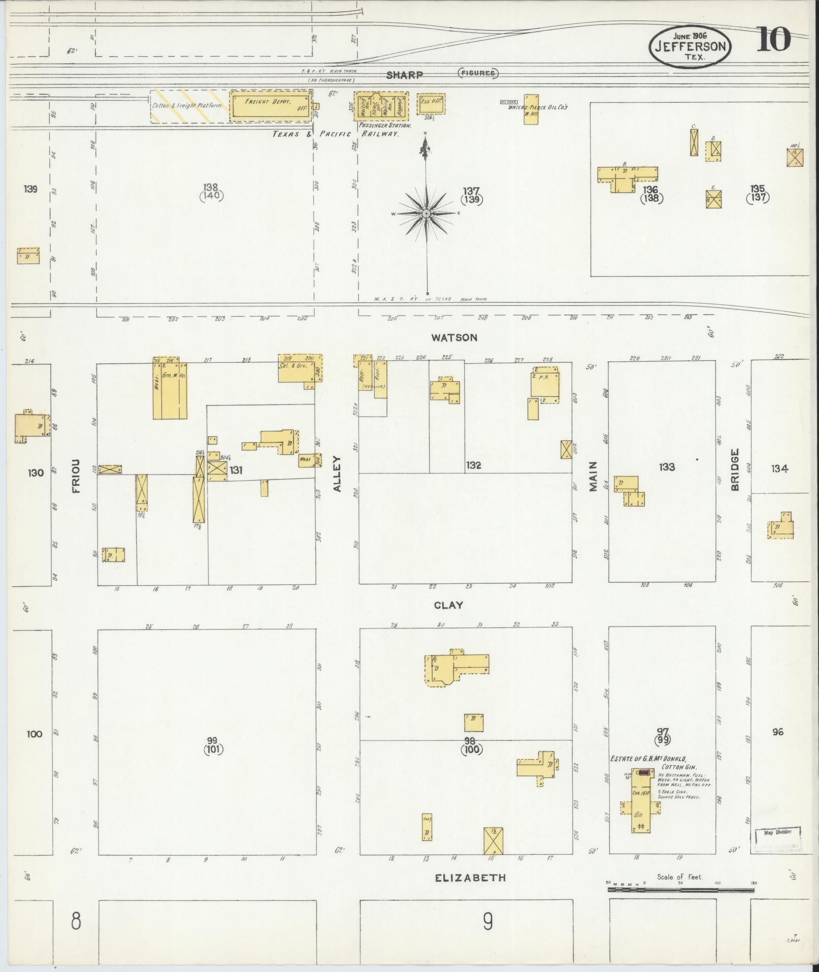 Sanborn Fire Insurance Map from Jefferson, Marion County, Texas (1906), Sheet #0010 - Historic Sanborn Fire Insurance Map Print, vintage old map wall art, antique decor, genealogy gift, Texas Texas map