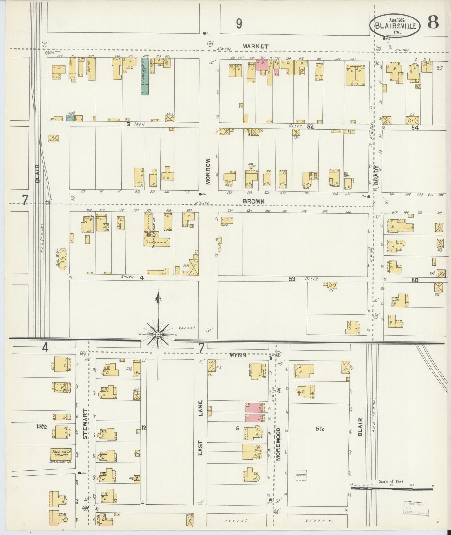 Sanborn Fire Insurance Map from Blairsville, Indiana County, Pennsylvania (1903), Sheet #0008 - Historic Sanborn Fire Insurance Map Print, vintage old map wall art, antique decor, genealogy gift, Blairsville Indiana map