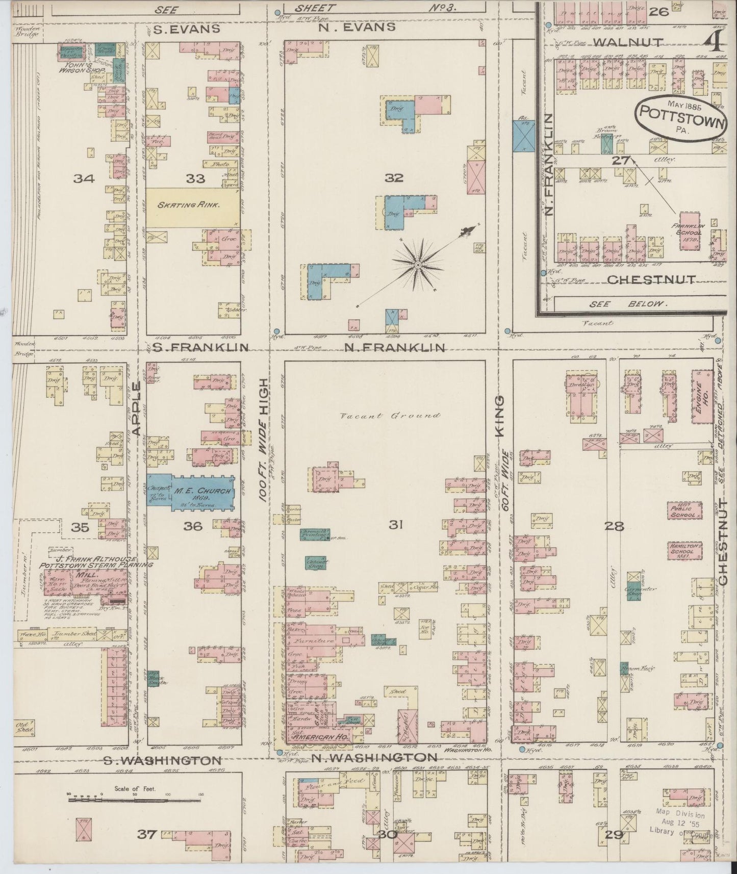 Sanborn Fire Insurance Map from Pottstown, Montgomery County, Pennsylvania (1885), Sheet #0004 - Historic Sanborn Fire Insurance Map Print, vintage old map wall art, antique decor, genealogy gift, Pennsylvania Pennsylvania map