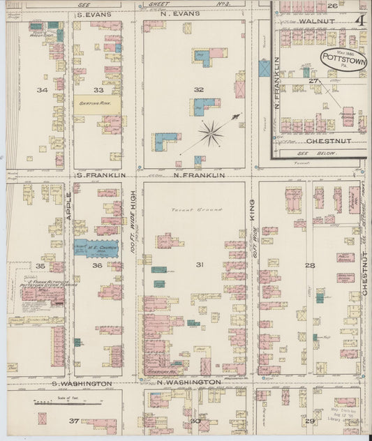 Sanborn Fire Insurance Map from Pottstown, Montgomery County, Pennsylvania (1885), Sheet #0004 - Historic Sanborn Fire Insurance Map Print, vintage old map wall art, antique decor, genealogy gift, Pennsylvania Pennsylvania map