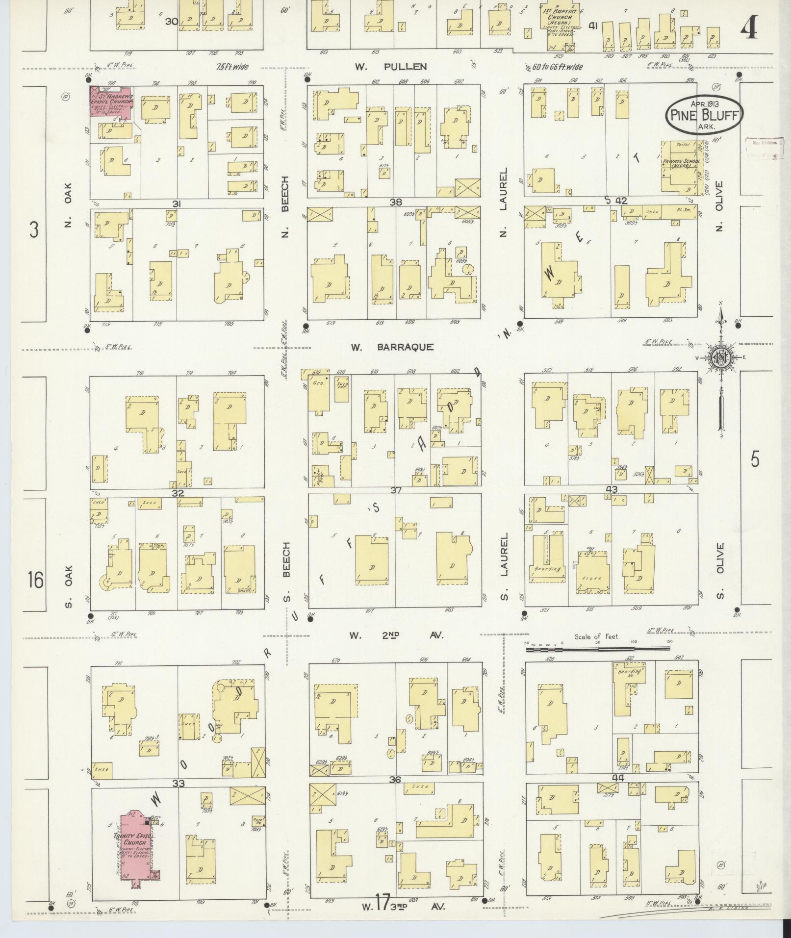 Sanborn Fire Insurance Map from Pine Bluff, Jefferson County, Arkansas (1913), Sheet #0004 - Complete Map Set gallery image, historic Sanborn map, vintage wall art, Arkansas Arkansas