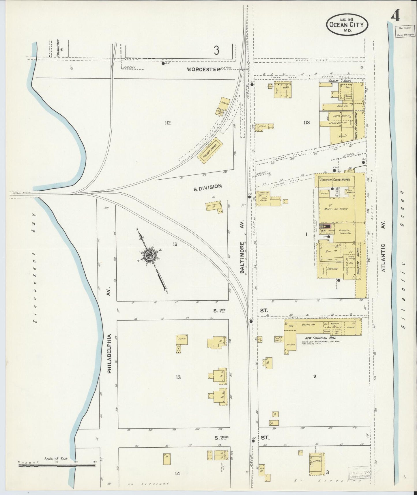 Sanborn Fire Insurance Map from Ocean City, Worcester County, Maryland (1911), Sheet #0004 - Historic Sanborn Fire Insurance Map Print, vintage old map wall art