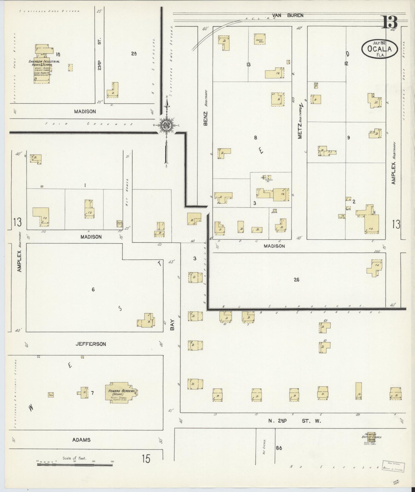 Sanborn Fire Insurance Map from Ocala, Marion County, Florida (1912), Sheet #0013 - Complete Map Set gallery image, historic Sanborn map, vintage wall art, Florida Florida