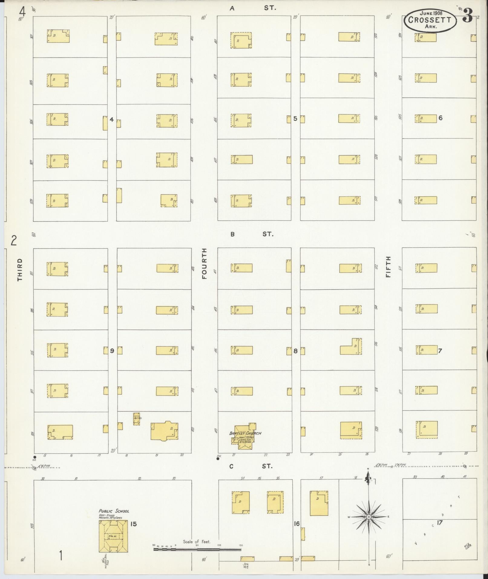 Sanborn Fire Insurance Map from Crossett, Ashley County, Arkansas (1908), Sheet #0003 - Historic Sanborn Fire Insurance Map Print, vintage old map wall art, antique decor, genealogy gift, Arkansas Arkansas map