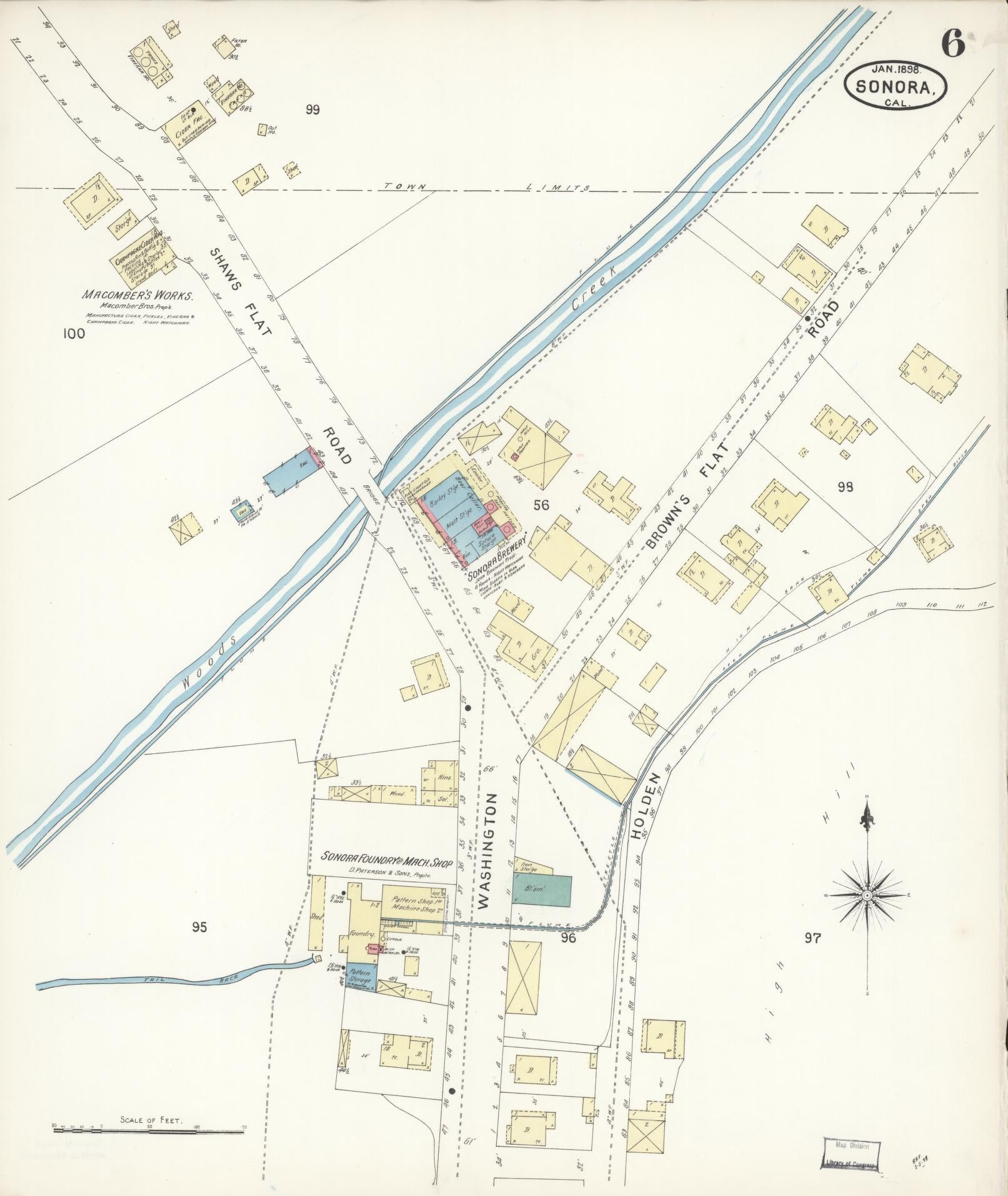 Sanborn Fire Insurance Map from Sonora, Tuolumne County, California (1898), Sheet #0006 - Complete Map Set gallery image, historic Sanborn map, vintage wall art, California California