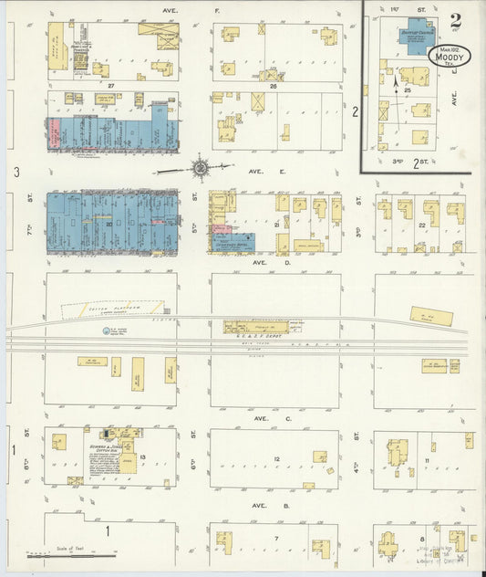 Sanborn Fire Insurance Map from Moody, McLennan County, Texas (1912), Sheet #0002 - Historic Sanborn Fire Insurance Map Print, vintage old map wall art, antique decor, genealogy gift, Texas Texas map