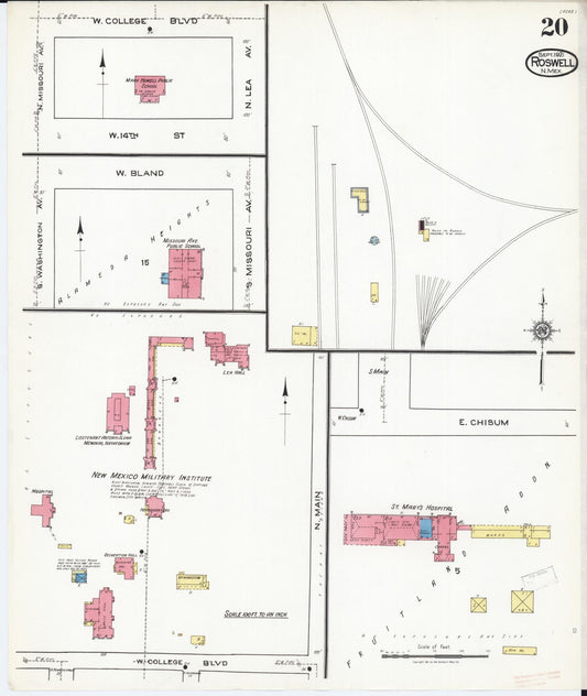 Sanborn Fire Insurance Map from Roswell, Chaves County, New Mexico (1921), Sheet #0020 - Historic Sanborn Fire Insurance Map Print, vintage old map wall art, antique decor, genealogy gift, New Mexico New Mexico map