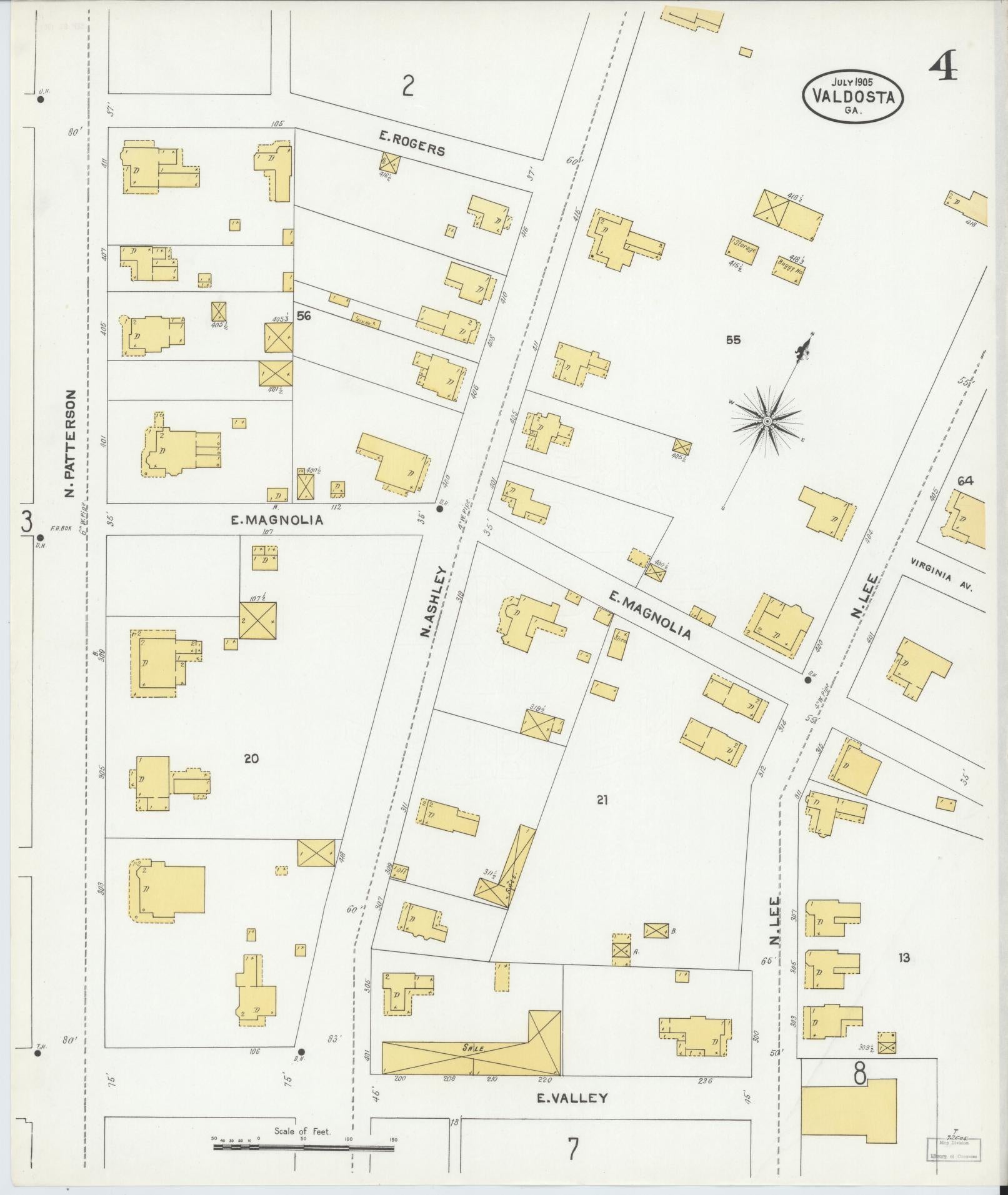 Sanborn Fire Insurance Map from Valdosta, Lowndes County, Georgia (1905), Sheet #0004 - Complete Map Set gallery image, historic Sanborn map, vintage wall art, Georgia Georgia