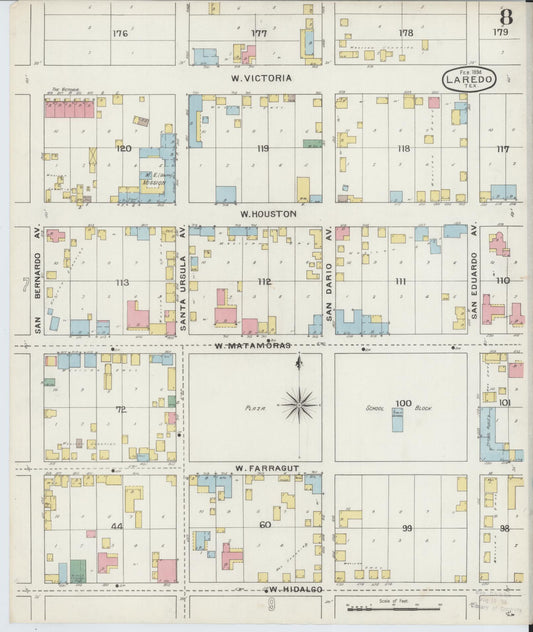 Sanborn Fire Insurance Map from Laredo, Webb County, Texas (1894), Sheet #0008 - Historic Sanborn Fire Insurance Map Print, vintage old map wall art, antique decor, genealogy gift, Texas Texas map