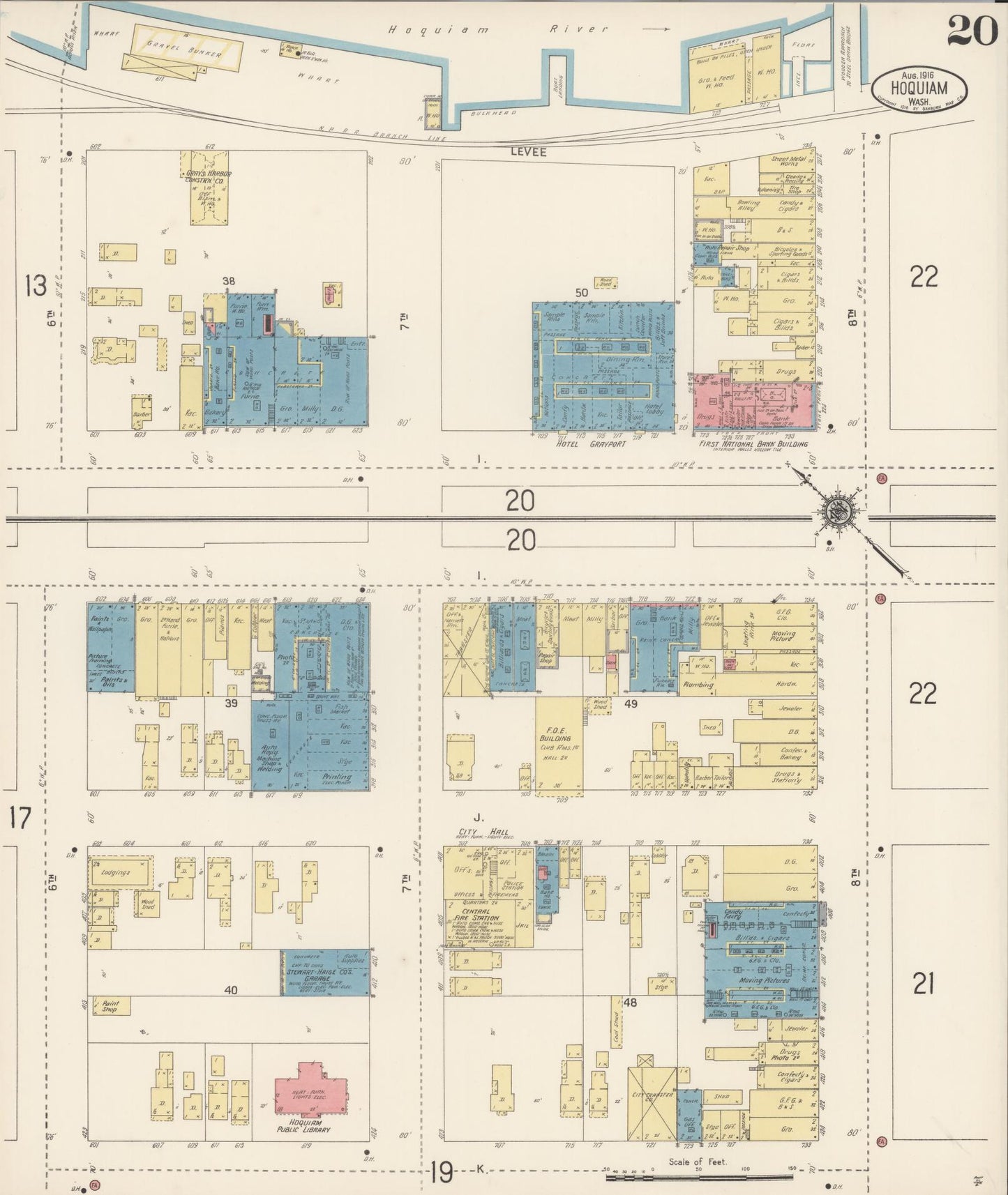 Sanborn Fire Insurance Map from Hoquiam, Grays Harbor County, Washington (1916), Sheet #0020 - Historic Sanborn Fire Insurance Map Print, vintage old map wall art, antique decor, genealogy gift, Washington Washington map