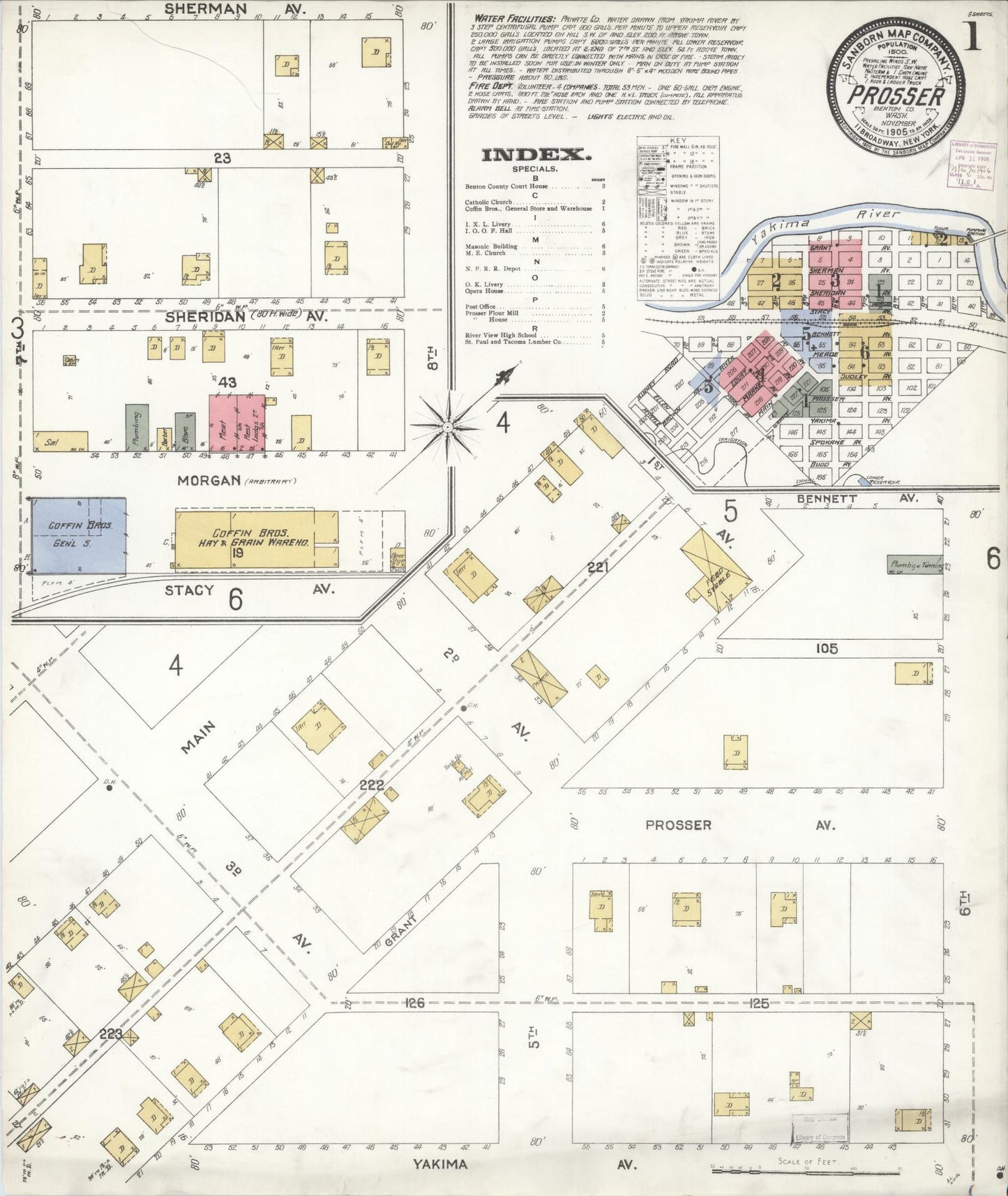 Sanborn Fire Insurance Map from Prosser, Benton County, Washington (1905), Sheet #0001 - Complete Map Set gallery image, historic Sanborn map, vintage wall art, Washington Washington