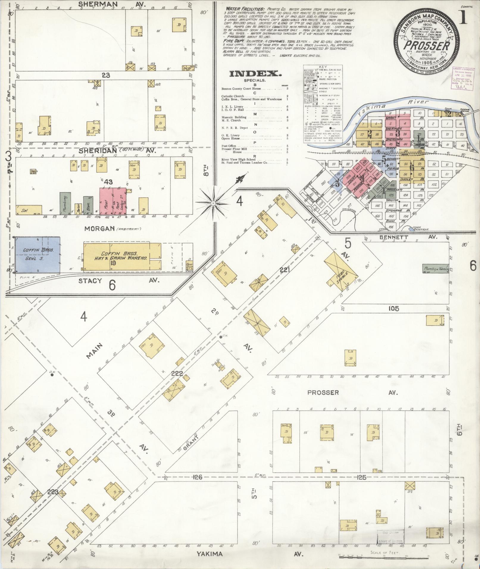 Sanborn Fire Insurance Map from Prosser, Benton County, Washington (1905), Sheet #0001 - Complete Map Set gallery image, historic Sanborn map, vintage wall art, Washington Washington