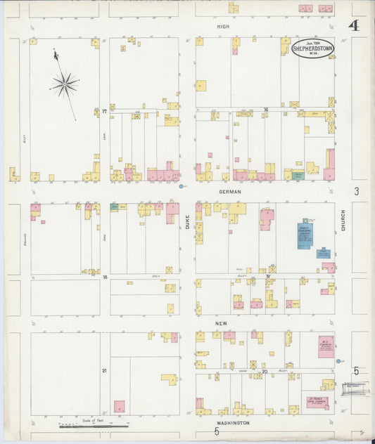 Sanborn Fire Insurance Map from Shepherdstown, Jefferson County, West Virginia (1904), Sheet #0004 - Historic Sanborn Fire Insurance Map Print, vintage old map wall art, antique decor, genealogy gift, West Virginia West Virginia map