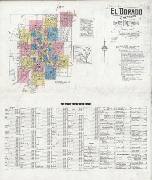 Sanborn Fire Insurance Map from El Dorado, Union County, Arkansas (1929), Sheet #0001 - Historic Sanborn Fire Insurance Map Print, vintage old map wall art, antique decor, genealogy gift, Arkansas Arkansas map