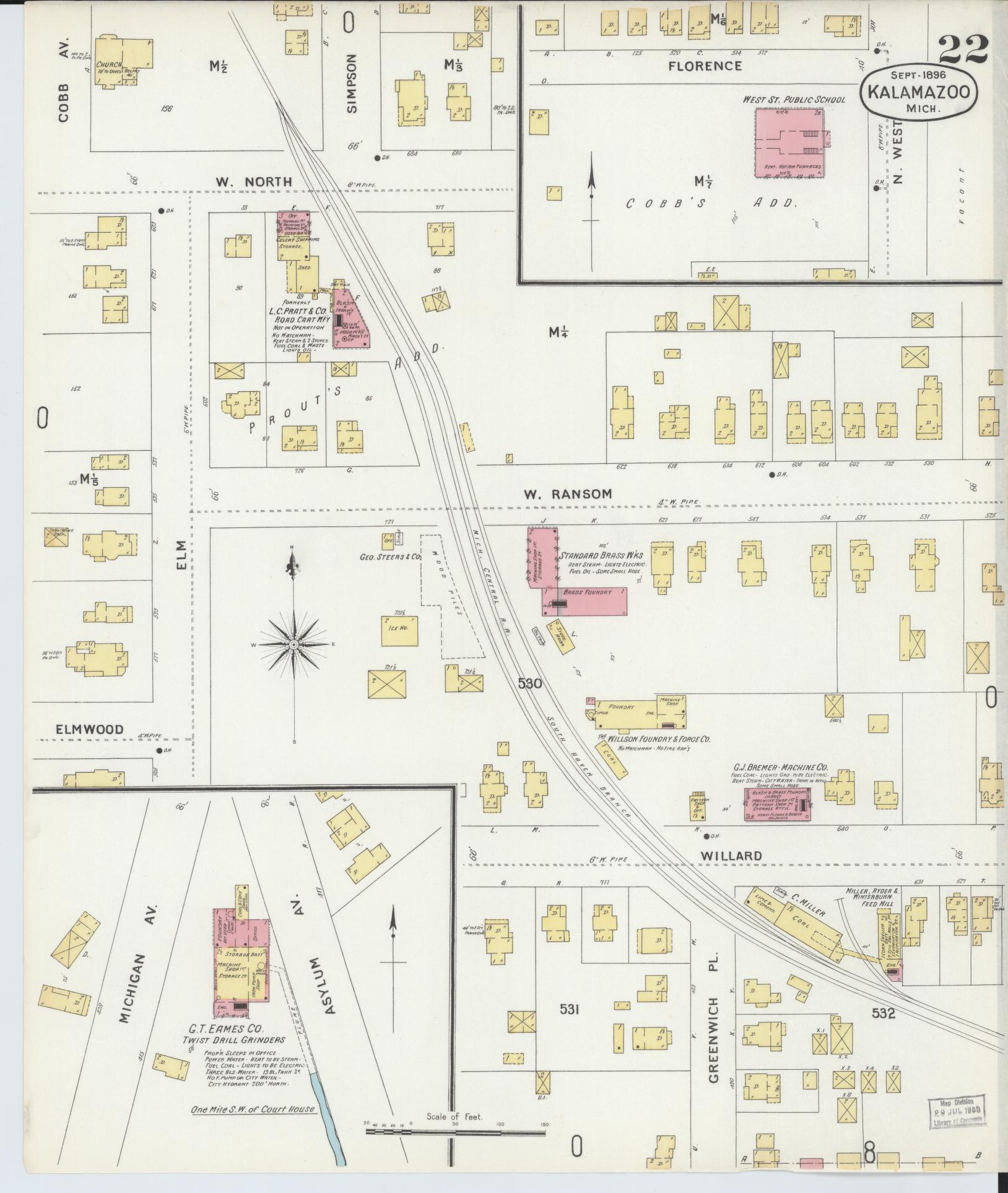 Sanborn Fire Insurance Map from Kalamazoo, Kalamazoo County, Michigan (1896), Sheet #0022 - Historic Sanborn Fire Insurance Map Print, vintage old map wall art, antique decor, genealogy gift, Michigan Michigan map