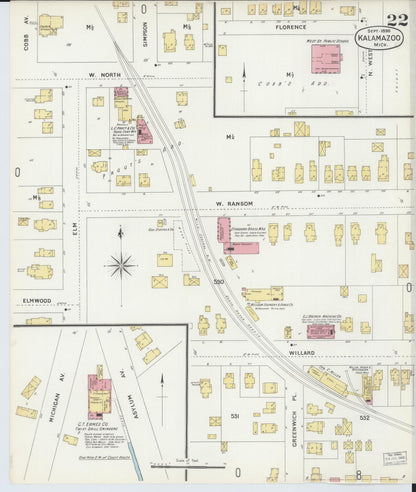 Sanborn Fire Insurance Map from Kalamazoo, Kalamazoo County, Michigan (1896), Sheet #0022 - Historic Sanborn Fire Insurance Map Print, vintage old map wall art, antique decor, genealogy gift, Michigan Michigan map