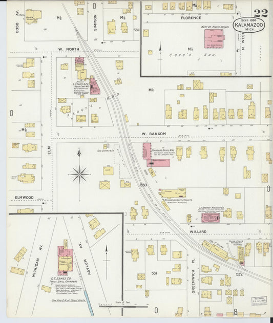 Sanborn Fire Insurance Map from Kalamazoo, Kalamazoo County, Michigan (1896), Sheet #0022 - Historic Sanborn Fire Insurance Map Print, vintage old map wall art, antique decor, genealogy gift, Michigan Michigan map