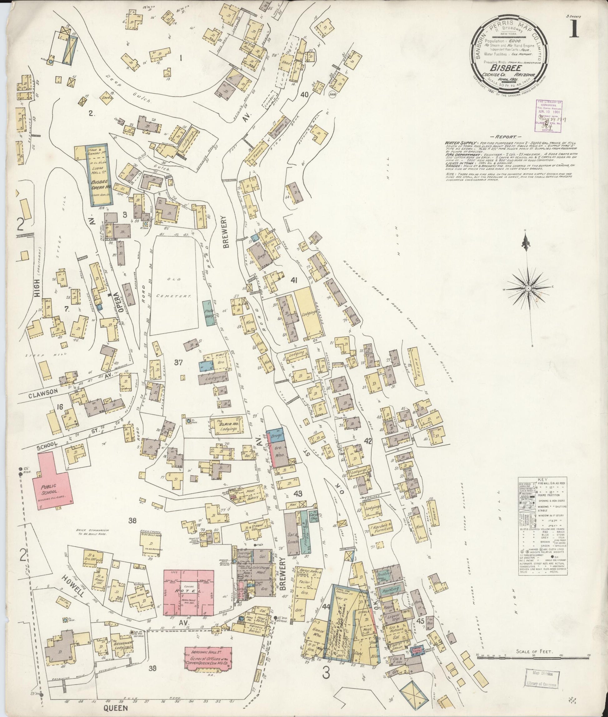 Sanborn Fire Insurance Map from Bisbee, Cochise County, Arizona (1901), Sheet #0001 - Historic Sanborn Fire Insurance Map Print, vintage old map wall art, antique decor, genealogy gift, Arizona Arizona map