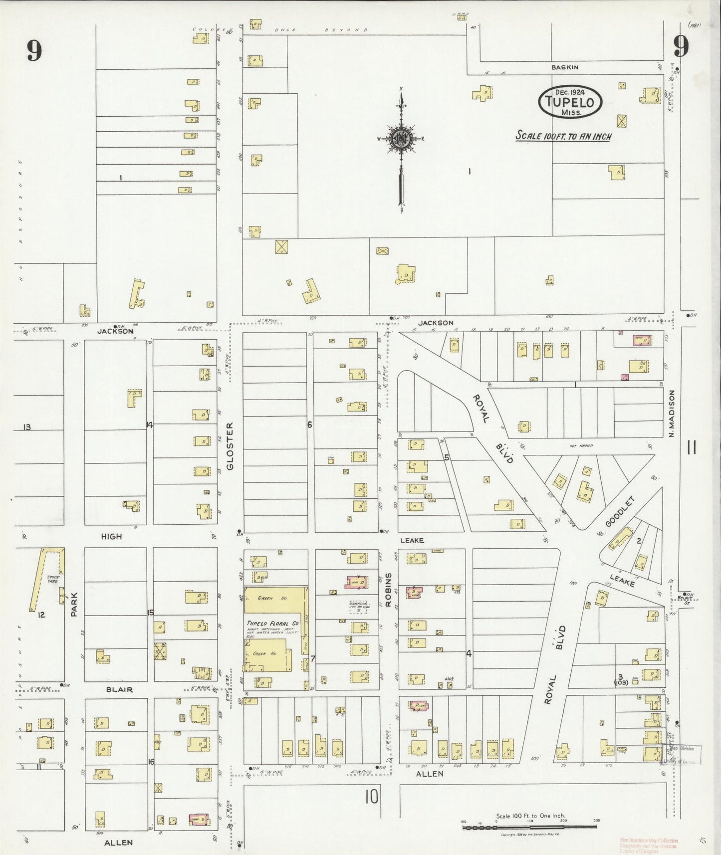 Sanborn Fire Insurance Map from Tupelo, Lee County, Mississippi (1924), Sheet #0009 - Historic Sanborn Fire Insurance Map Print, vintage old map wall art, antique decor, genealogy gift, Mississippi Mississippi map