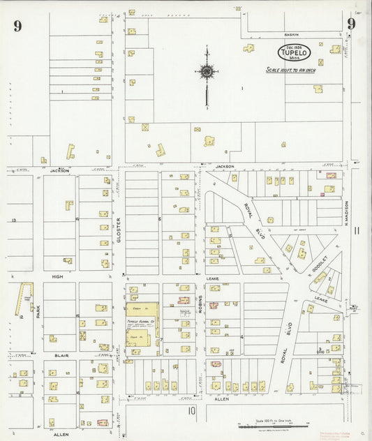 Sanborn Fire Insurance Map from Tupelo, Lee County, Mississippi (1924), Sheet #0009 - Historic Sanborn Fire Insurance Map Print, vintage old map wall art, antique decor, genealogy gift, Mississippi Mississippi map