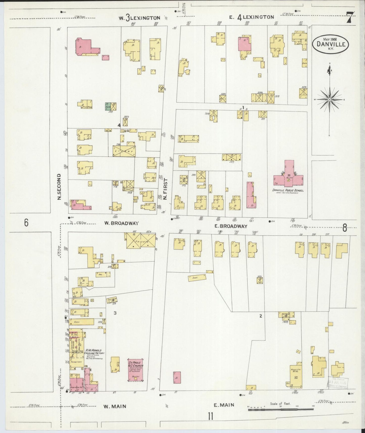 Sanborn Fire Insurance Map from Danville, Boyle County, Kentucky (1908), Sheet #0007 - Historic Sanborn Fire Insurance Map Print, vintage old map wall art, antique decor, genealogy gift, Kentucky Kentucky map
