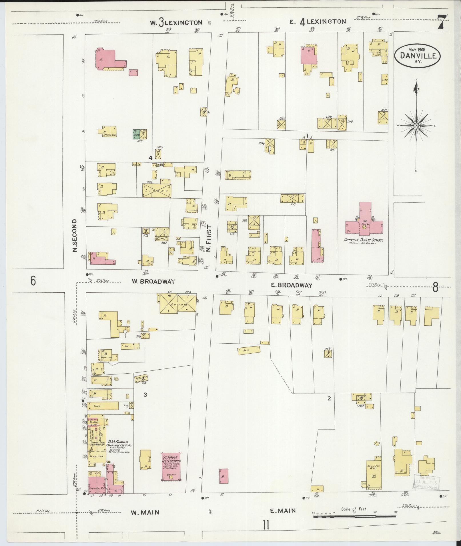 Sanborn Fire Insurance Map from Danville, Boyle County, Kentucky (1908), Sheet #0007 - Historic Sanborn Fire Insurance Map Print, vintage old map wall art, antique decor, genealogy gift, Kentucky Kentucky map