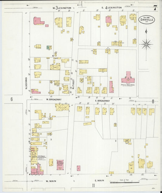 Sanborn Fire Insurance Map from Danville, Boyle County, Kentucky (1908), Sheet #0007 - Historic Sanborn Fire Insurance Map Print, vintage old map wall art, antique decor, genealogy gift, Kentucky Kentucky map