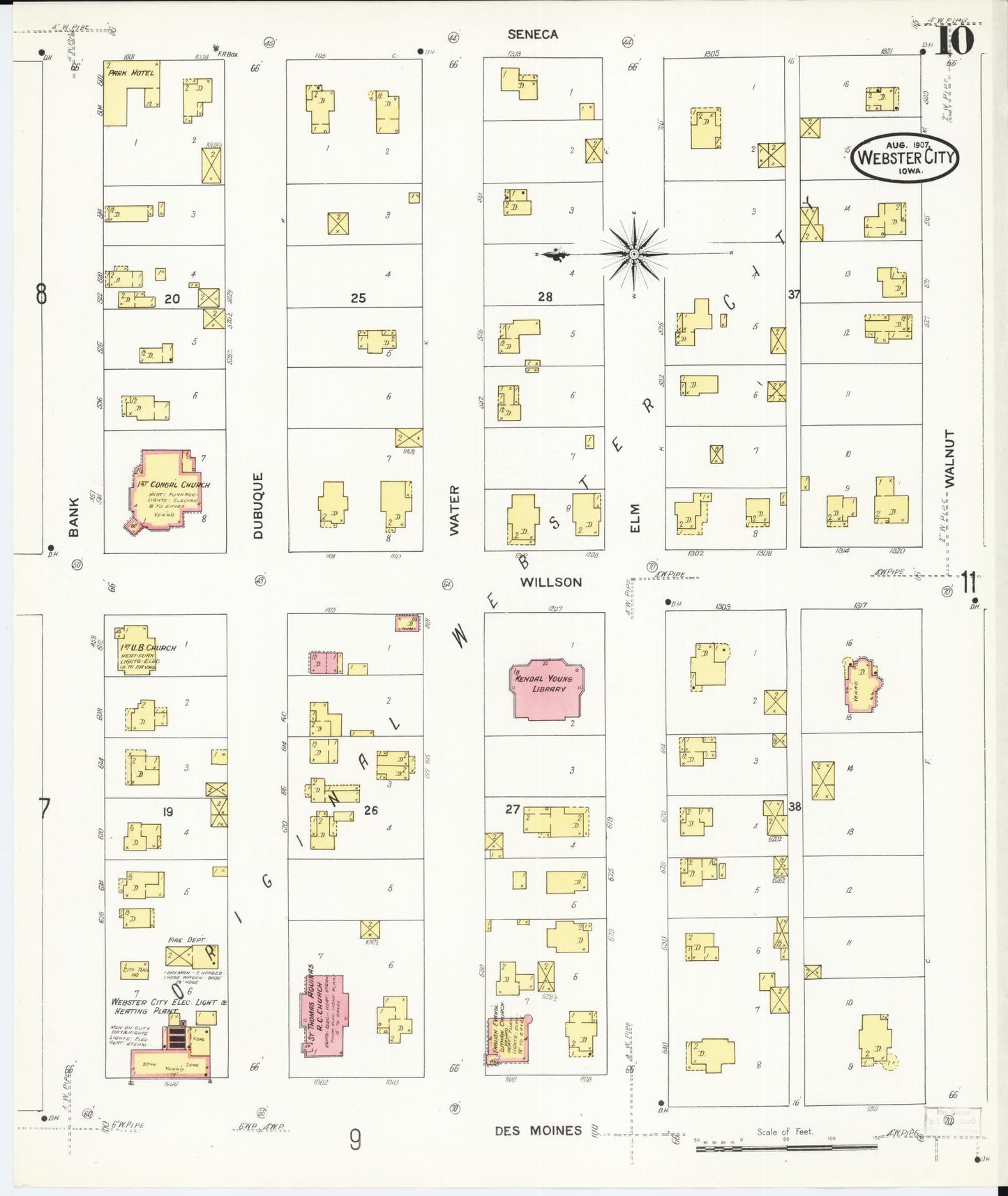 Sanborn Fire Insurance Map from Webster City, Hamilton County, Iowa (1907), Sheet #0010 - Historic Sanborn Fire Insurance Map Print, vintage old map wall art