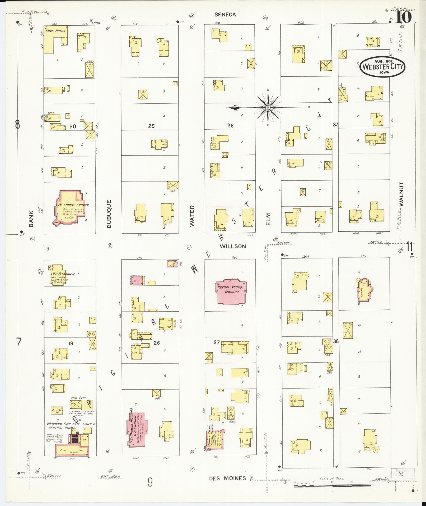Sanborn Fire Insurance Map from Webster City, Hamilton County, Iowa (1907), Sheet #0010 - Historic Sanborn Fire Insurance Map Print, vintage old map wall art