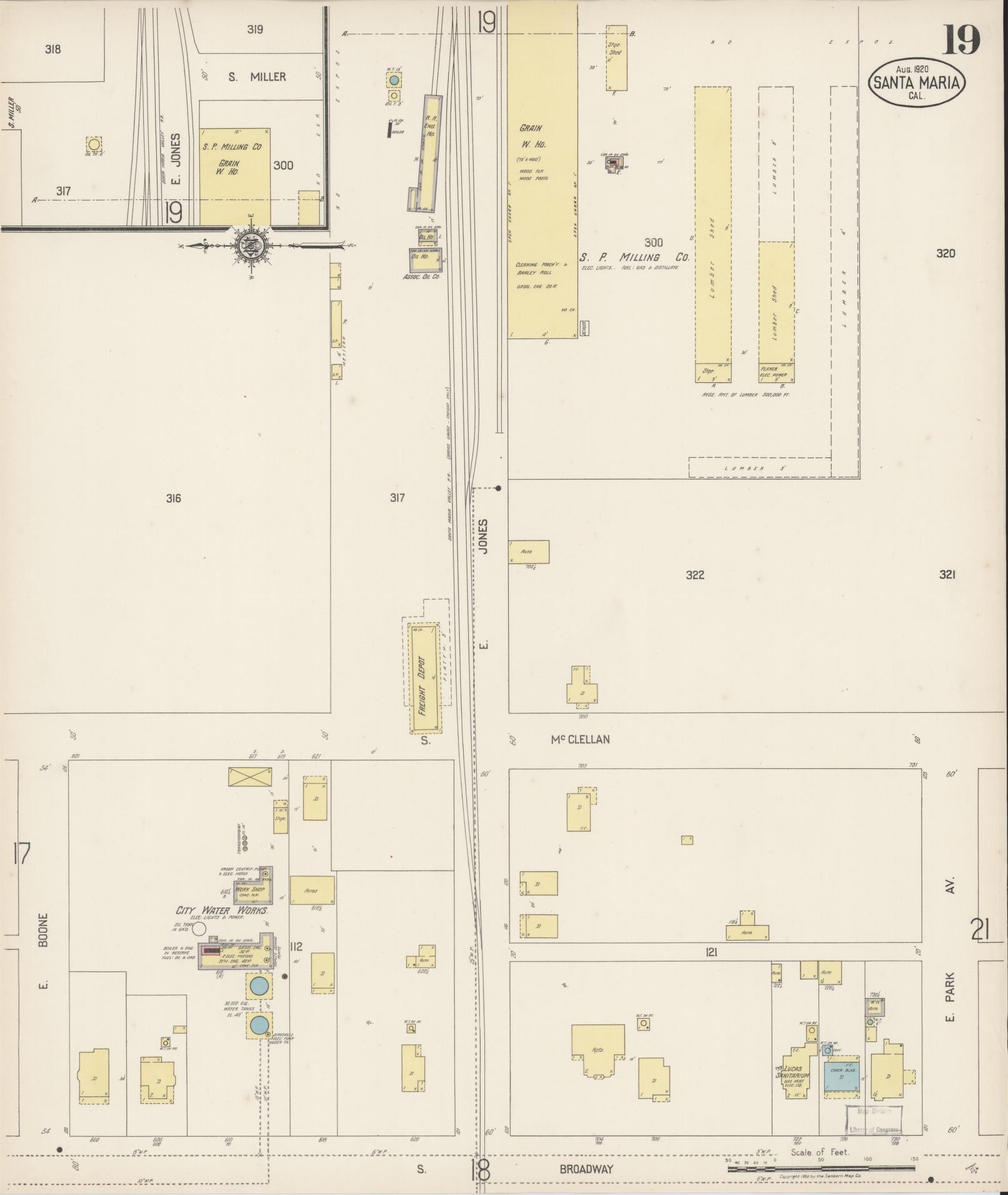 Sanborn Fire Insurance Map from Santa Maria, Santa Barbara County, California (1920), Sheet #0019 - Complete Map Set gallery image, historic Sanborn map, vintage wall art, California California