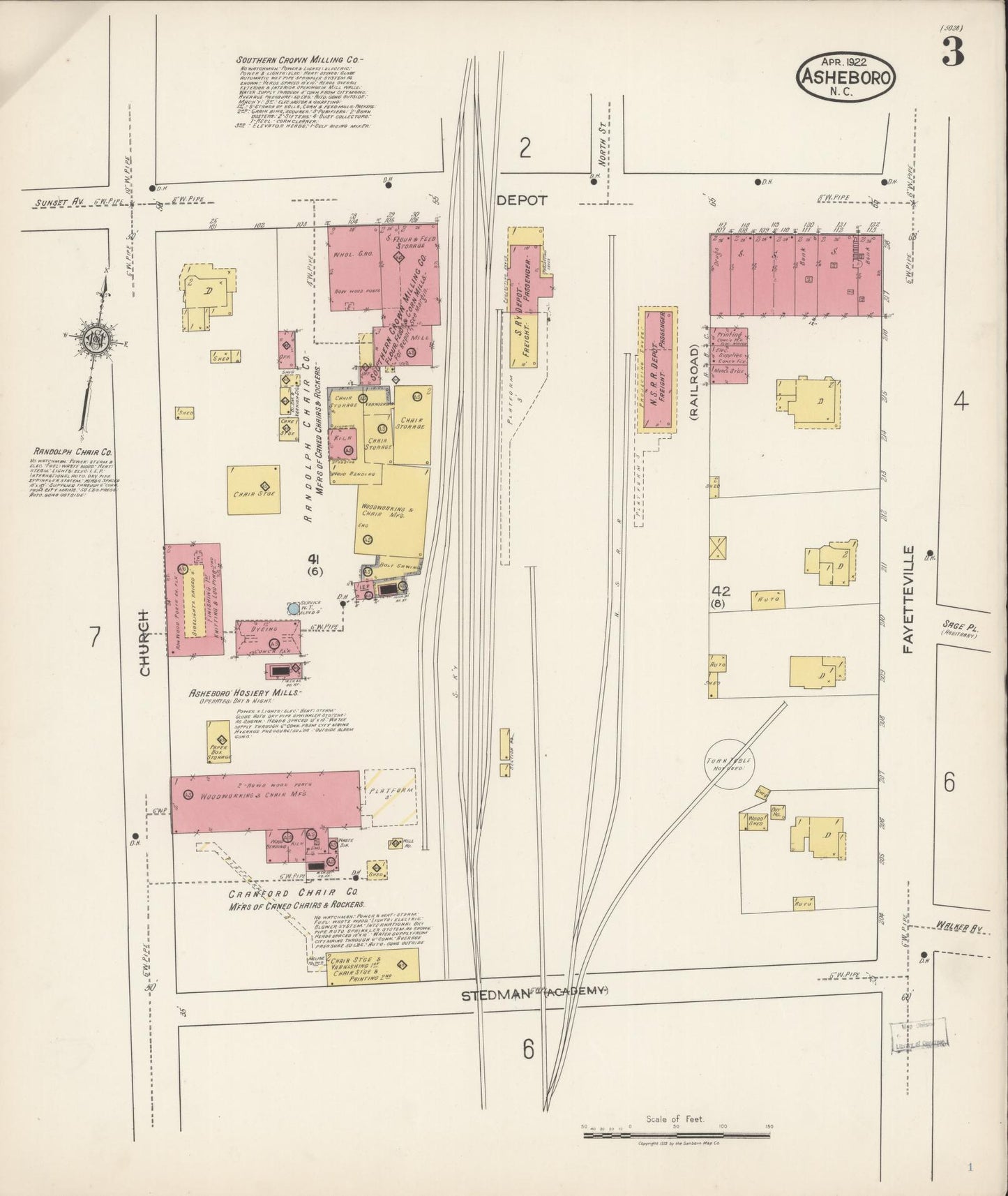 Sanborn Fire Insurance Map from Asheboro, Randolph County, North Carolina (1922), Sheet #0003 - Complete Map Set gallery image, historic Sanborn map, vintage wall art, North Carolina North Carolina