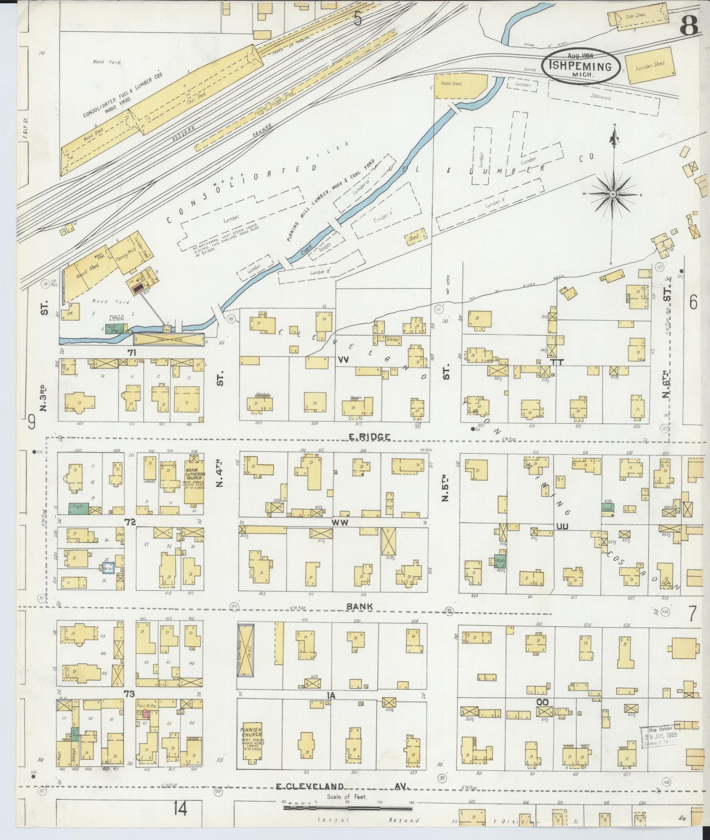 Sanborn Fire Insurance Map from Ishpeming, Marquette County, Michigan (1904), Sheet #0008 - Historic Sanborn Fire Insurance Map Print, vintage old map wall art, antique decor, genealogy gift, Michigan Michigan map