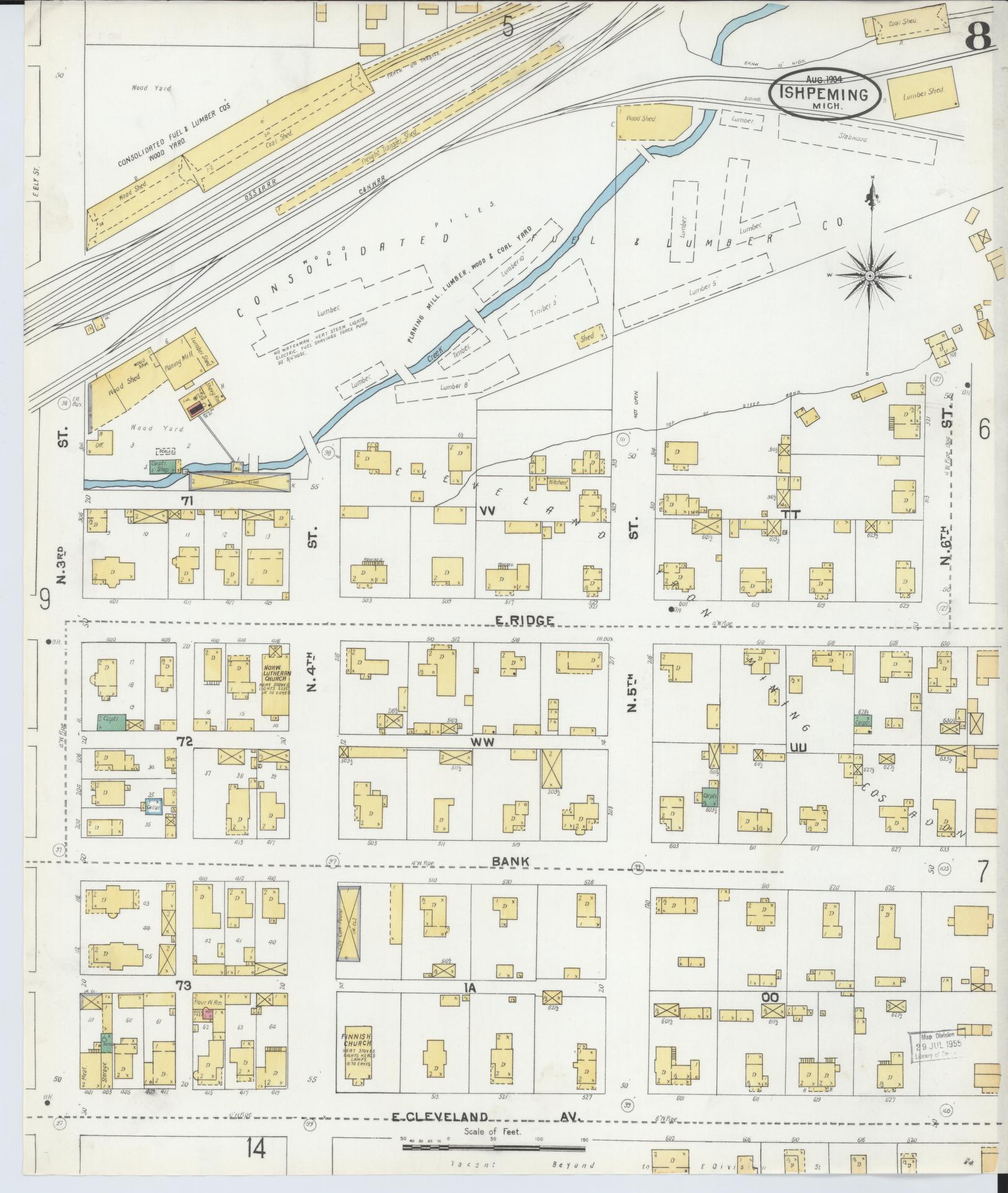 Sanborn Fire Insurance Map from Ishpeming, Marquette County, Michigan (1904), Sheet #0008 - Historic Sanborn Fire Insurance Map Print, vintage old map wall art, antique decor, genealogy gift, Michigan Michigan map