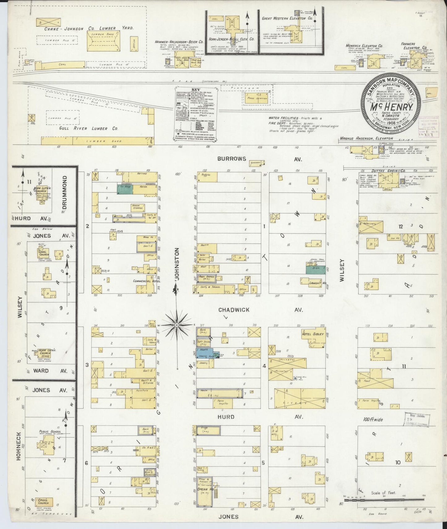 Sanborn Fire Insurance Map from McHenry, Foster County, North Dakota (1908), Sheet #0001 - Historic Sanborn Fire Insurance Map Print, vintage old map wall art, antique decor, genealogy gift, North Dakota North Dakota map